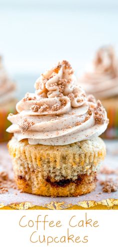 coffee cake cupcakes with frosting on top and sprinkles around the edges