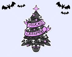 a christmas tree with skulls and bats around it