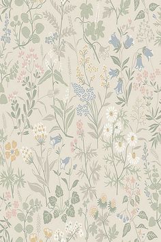 a floral wallpaper with many different flowers and leaves on the side, all in pastel colors