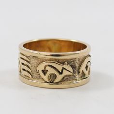 14k Gold Ring featuring Appliqué Designs of Bears with Heartlines and Bear Paws with Swirls, symbolizing Strength and Healing. Ring Size: 8.75.375” Band Width Appliqué Designs, Bear Ring, Bear Paws, 14k Gold Ring, Applique Designs, Gold Ring, Bears, Gold Rings, Ring Size