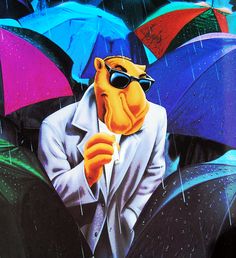 a cartoon character holding an umbrella in front of a group of people with umbrellas