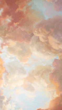 the sky is filled with colorful clouds in this painting