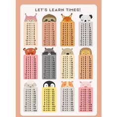 a poster with animals and numbers on it that says, let's learn times