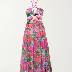 This Beach Dress Features Subtle Torso Cut-Outs On The Smallest Part Of Your Waist For A Figure-Flattering Effect. Stretch Lycra Bodysuit Attached To An A Sheer Chiffon Skirt. Adjustable Tie Neck Closure. Only Worn Once! In Perfect Condition. Pink Halter Neck Midi Dress For Garden Party, Pink Floral Print Cocktail Maxi Dress, Looks Pinterest, Maxi Robes, Sheer Chiffon, Chiffon Skirt, Vacation Dresses, Mode Inspo, Tie Neck