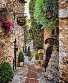 an alley way with stone buildings and potted plants on either side, surrounded by greenery