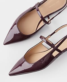 Sleek and strappy, our patent pointy toe flats build your look from the ground up. Pointy toe. Padded footbed for complete comfort. 1/4" heel.,Imported:Imported,Fabrication:Faux Leather Patent Strappy Pointy Toe Flats by Ann Taylor Size regular - 7 Midnight Grape Women's Flat, Flats, Footwear, Faux, Leather Pointy Flat Shoes, Chic Pointed Toe Fitted Flats, Women’s Flats, Trendy Flats For Women, Pointed Shoes, Brown Pointed Flats, Chic Brown Leather Pointed Toe Flats, Fall Pointed Toe Slip-on Flats, Pointed Toe Flats Outfit