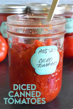 a jar filled with diced canned tomatoes