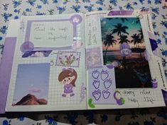 an open scrapbook with pictures and writing on the pages is shown in this image