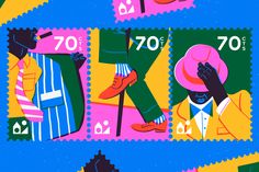 two postage stamps with people in different outfits and hats on them, one has a pink hat