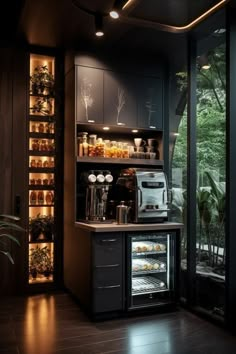 a kitchen with an oven, coffee maker and shelves full of food on the wall