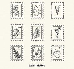 stamps with flowers and leaves on them are shown in the shape of postages,