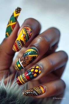 20 Africa-Inspired Nail Art Designs You'll Love - Jamaica Nails, Pink Flower Nails, Bridal Nails Designs, Nail Tutorial Videos, Hand Candy, Nail Techniques, Colorful Nail Art, Colorful Nail