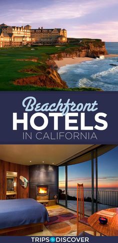 the front and back cover of a hotel in california with an ocean view behind it