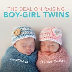 two babies are wearing knitted hats and sleeping on their backs with the caption, the deal on raising boy - girl twins