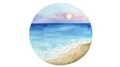 an oval painted with watercolors and sand on the beach at sunset or sunrise