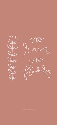 the words no rain, no flowers are written in white ink on a pink background