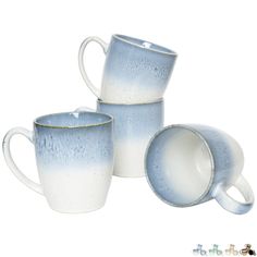 three blue and white coffee mugs sitting next to each other on a white background