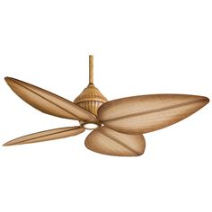 a ceiling fan with wooden blades hanging from it's bladed wood blades, on a white background