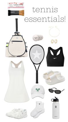 the tennis essentials are laid out on top of each other