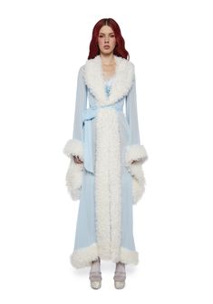 cuz be their dream come true. This robe has a sheer chiffon construction,a faux fur trim, long sleeves, and adjustable tie closures. Fancy Robes, Fuzzy Robe, Sheer Robe, Sleep Clothes, Sugar Thrillz, White Fur, Sheer Chiffon, Lingerie Sleepwear, Dream Come True