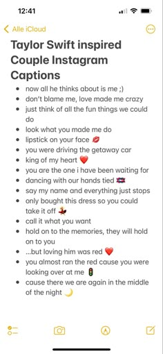 an instagram page with the text taylor swift inspired couple instagram captions on it