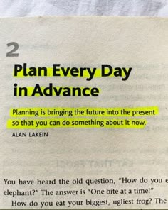 a piece of paper with the words plan every day in advance