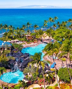 an aerial view of a resort pool surrounded by palm trees