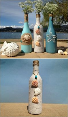 two bottles with seashells and starfish on them