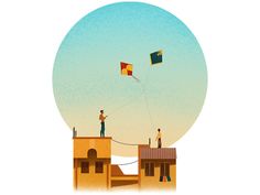 two people are flying kites on top of a building in the desert, while another person is standing on a roof