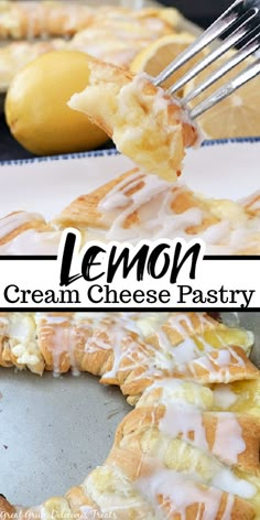 a lemon cream cheese pastry is being lifted with a fork