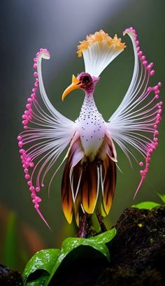 the bird is standing on its hind legs and has long, white feathers with pink tips