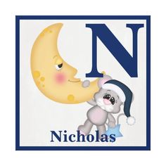 the letter n is for nicholas with a cartoon animal on it's back and name