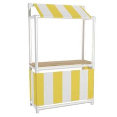 a yellow and white striped shelf with a wooden top on it's sides, against a white background