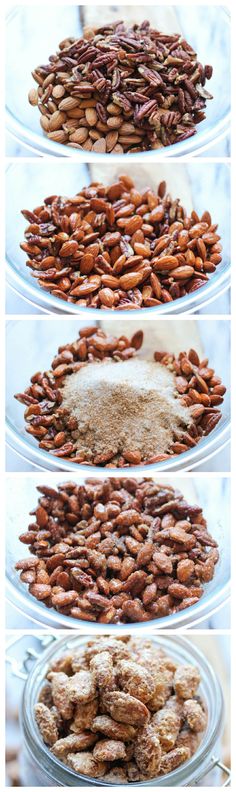 four different types of pecans are shown in three separate pictures, one is brown and the other is white