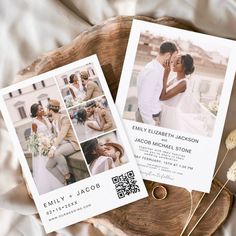 two wedding photos are placed next to each other on a piece of wood with flowers