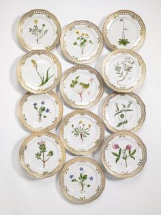 twelve plates with flowers painted on them are arranged in the shape of a wall hanging