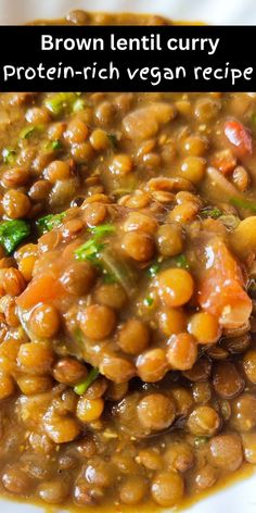 brown lentil curry with protein - rich vegan recipe on a white plate and text overlay