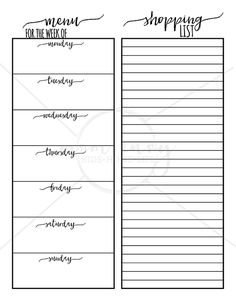 the printable shopping list is shown in black and white, with cursive writing