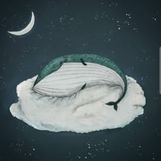 a drawing of a whale on top of a cloud with the moon in the background