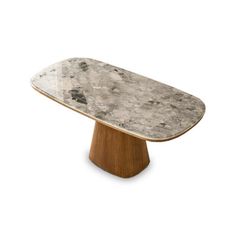 an oval marble table with wooden base on a white background for use in interior design