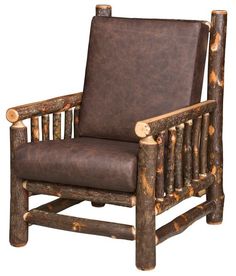 a chair made out of logs and leather