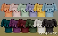 several different colored dresses with ruffles and bows on the shoulders, all in various colors