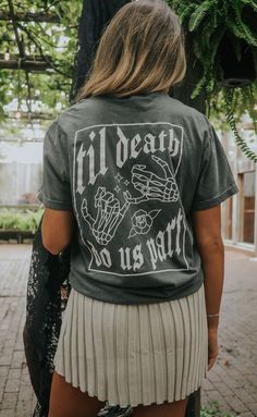 Calling all edgy brides! This moody tee features skeleton married hands that are too edgy to resist! Pair it with your wedding party in the Till Death Do Us Party tee. Mary Claire is 5'7" and is wearing size XXL for an oversized look and a medium fits true to size - size up for an oversized fit medium measurements: 41" bust and 28.5" length 100% cotton comfort colors tee WE ONLY OFFER STORE CREDIT FOR RETURNS! Feel free to email us at orders@shopriffraff.com or DM us with any questions regarding Married Hands, Edgy Wedding, Skeleton Design, Wedding Activities, The Perfect Girl, The Skeleton, Bachelorette Party Shirts, Some Girls, Comfort Colors Tee