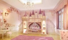 a princess bedroom with pink walls and furniture