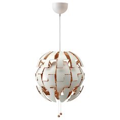 a white and brown light hanging from a ceiling fixture with a circular design on it