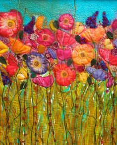 an abstract painting of colorful flowers and grass