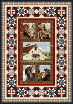 a quilt with horses on it and a barn in the background