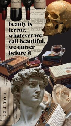 a collage of books, wine bottles and a statue with a skull on it