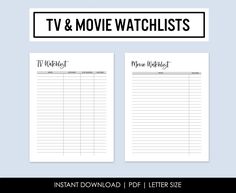 two printable movies list with the words tv and movie watchlists on them