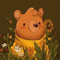 a drawing of a teddy bear sitting in the grass with sunflowers and daisies